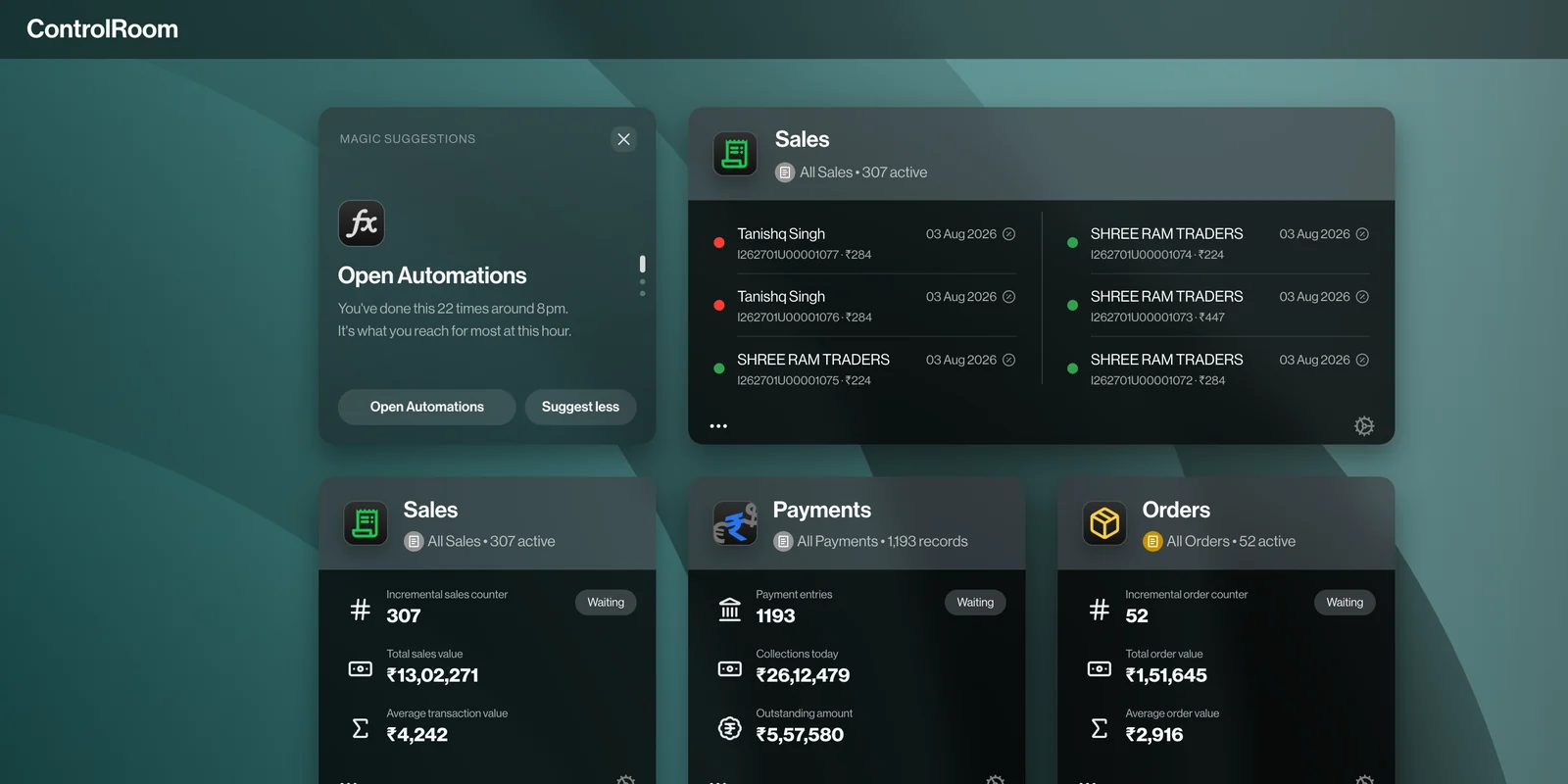 ControlRoom home screen showing sales, payments and orders totals